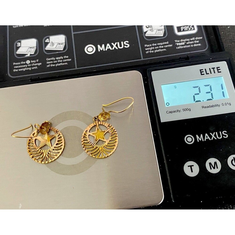 ESTATE  14KT ROSE GOLD CIRCLE STAR FILIGREE DANGLE EARRINGS-2.31 GRAMS TESTED